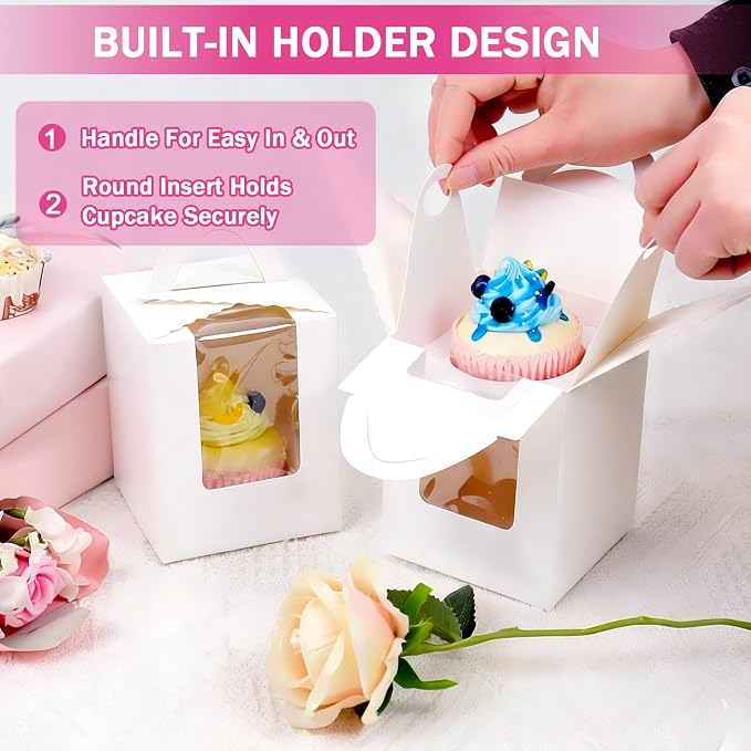 100 Pack Individual Cupcake Boxes, Single Cupcake Containers with Window, Inserts and Handle, White Cupcake Boxes for Muffins, Cupcakes, Donuts, 3.6 x 3.6 x 4.3 Inch