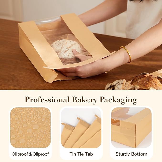 100 Pack Paper Bread Bags for Sourdough, Large Bread Bags with Tabs for Homemade Bread Round Sourdough Loaf Bags for Gifting (8.3x3.5×13 Inches) | Grease Resistant