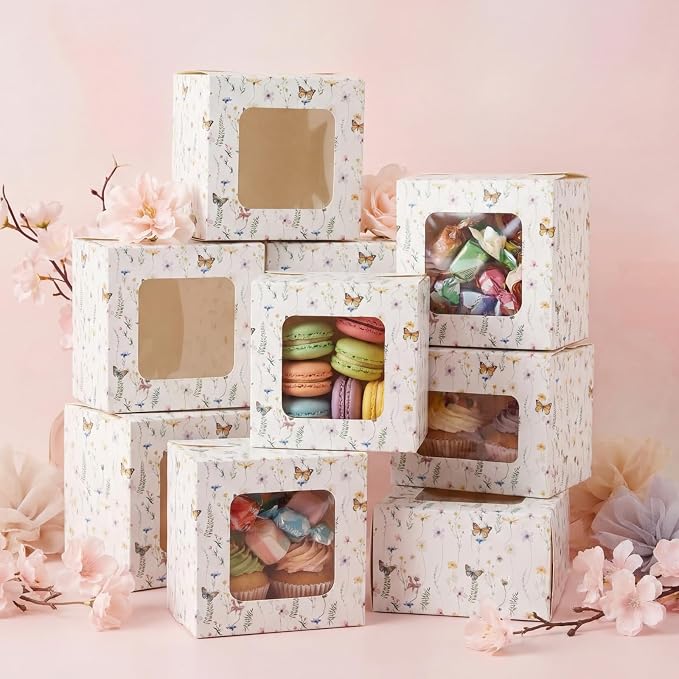 50 Pack Wild Flower Cookie Boxes with Window, Wildflower Small Bakery Treat Boxes for Pastry Donuts Macaroon Cupcakes, Spring Tea Party Baby Shower Birthday Wedding Bridal Shower Favors