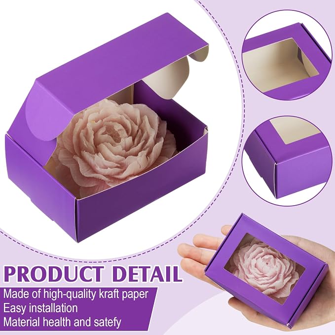 Zonon 30 Pcs Soap Boxes for Homemade Packaging, Mini Kraft Boxes with Window for Bakery Candy Soap Making Gift Packaging, 3.7x2.6x1.4 Inch (Purple)