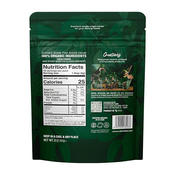 U Chocolate Organic Cacao Powder, Unsweetened & Unalkalized – Fresh from our Farm – Vegan, Allergen-Free, Single-Origin for Baking & Smoothies – 16 oz