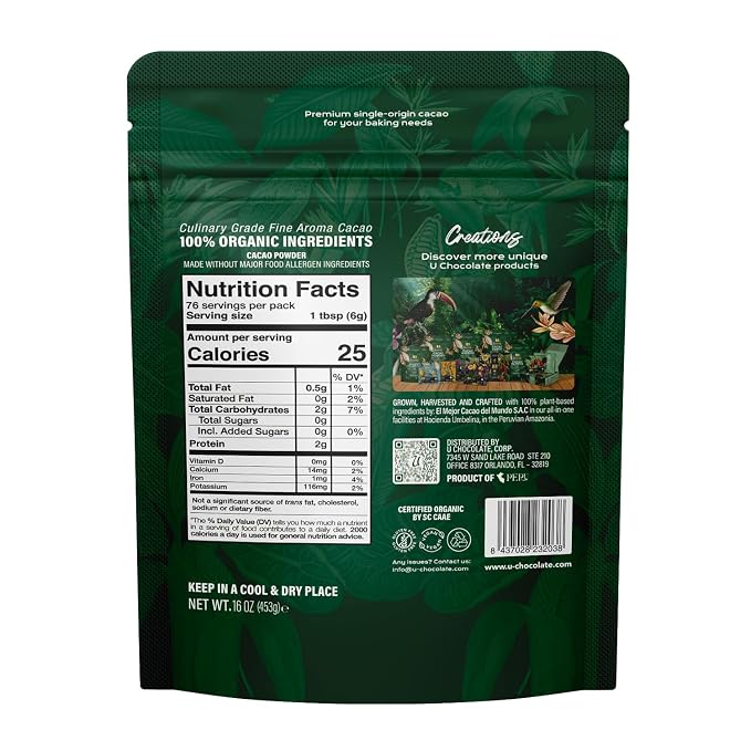 U Chocolate Organic Cacao Powder, Unsweetened & Unalkalized – Fresh from our Farm – Vegan, Allergen-Free, Single-Origin for Baking & Smoothies – 32 oz (two 16-oz bags)