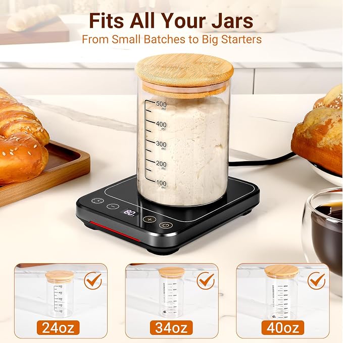 Sourdough Starter Warmer Mat, Sourdough Heating Mat for 24–40oz Jars, Precise 1°F Thermostat Control (70-100°F) Sourdough Warmer, 0-12 Hour Timer, Auto Shut-Off, Ideal for Home Baking