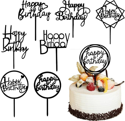 8 Packs Black Happy Birthday Cake Toppers, Acrylic Double-Sided Glitter Cupcake Toppers Set, Happy Birthday Party Sign Decorations Supplies