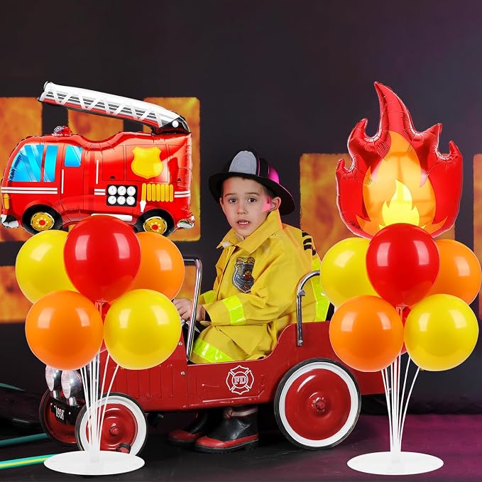 4 Sets Fire Party Balloons Stand Kit with Flame Fire Truck Foil Balloons Orange Yellow Red Party Balloon Centerpiece for Tables for Fireman Firefighter Rescue Themed Birthday Decorations