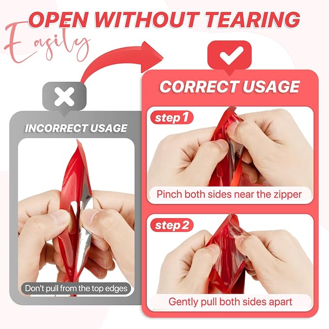 100 PCS Resealable Mylar Bags with Zip and Frosted Clear Window Bags Packaging Bag Foil Pouch Zipper Bag for Food Self Sealing Storage Supplies (Red, 5.12x8.27 inch)