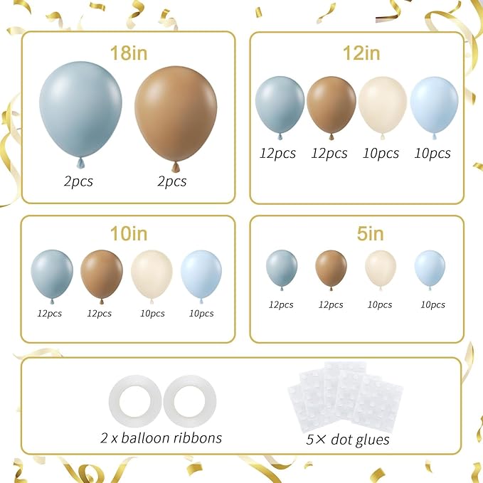 Premium 136pcs Dusty Blue & Brown Balloon Arch Kit – 18/12/10/5 Inch Neutral Sand White Balloons for Bear Baby Shower, Woodland Gender Reveal, Boho Wedding Party Decor
