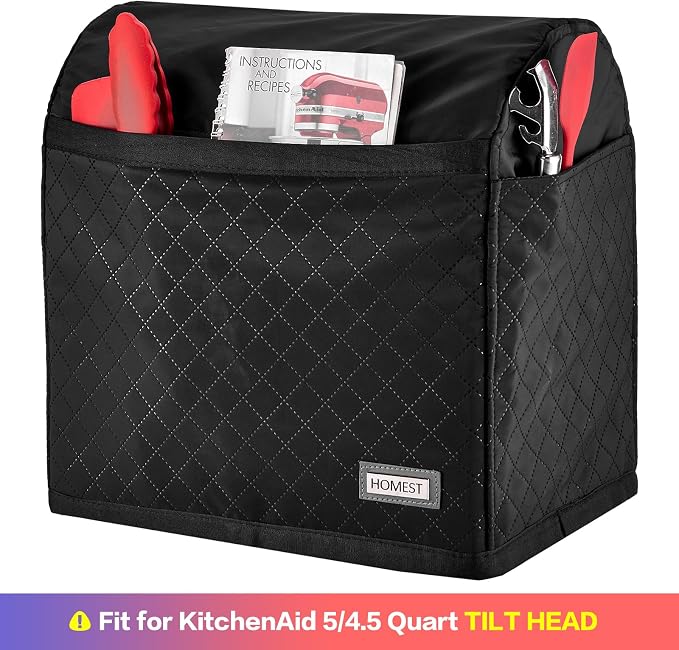 HOMEST Stand Quilted Mixer Cover with Zip Pocket for Kitchen Accessories | Fits KitchenAid 5/4.5 quart mixers, zipper pocket stores attachments and kitchen accessories, Black