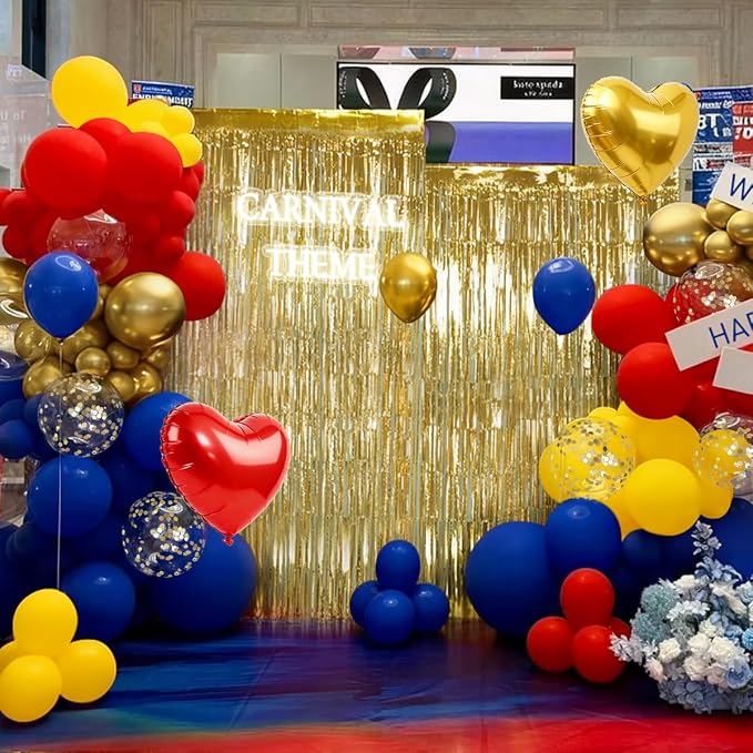 157Pcs Red Blue Yellow Gold Balloons Garland Arch Kit with Fringe Curtain for Snow Beauty White Carnival Circus Super Mario Plim Plim Theme Birthday Baby Shower Party Decorations