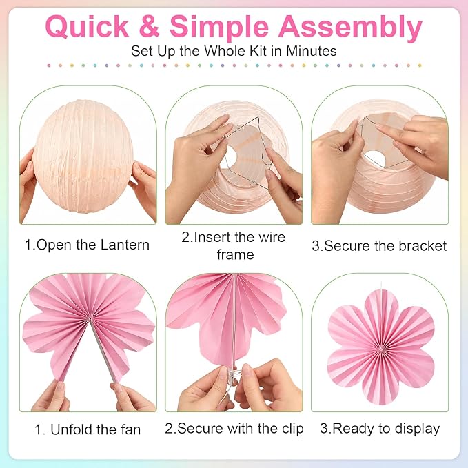 Peywot Pastel Classroom Decor - 18Pcs Flower Fans & Paper Lanterns for Classroom Ceiling Decorations, Birthday, Baby Shower & Pastel Rainbow Party Decor