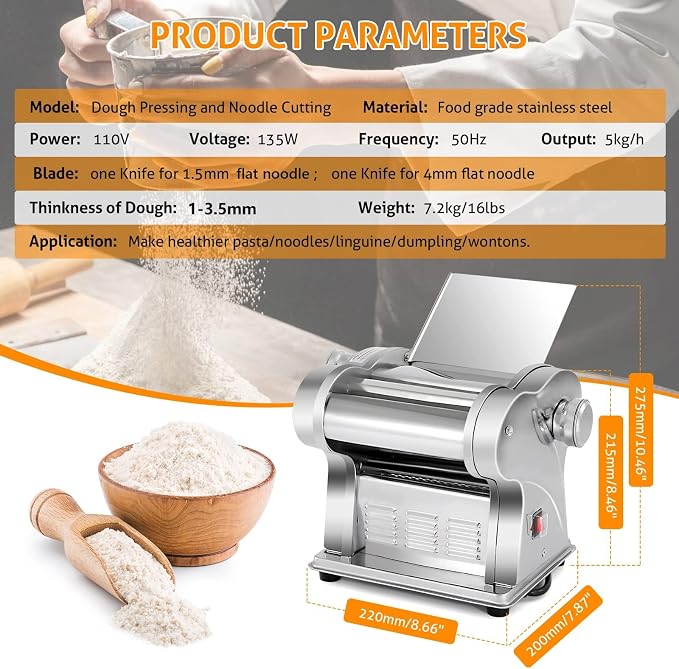 WICHEMI Electric Pasta Maker Machine Pasta Dough Spaghetti Roller Noodle Pressing Machine Stainless Steel 135W for Home Family Use (1.5mm flat noodle+4mm flat noodle)