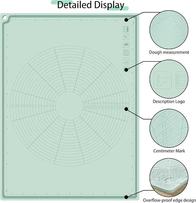 Silicone Baking Mat 32" x 24", Extra Thick Non-stick Pastry Mat with Measurements and Edge Heightening, Food Grade Silicone for Countertop Dough Rolling (With Dough Scraper/Pastry Brush/Cable Tie)