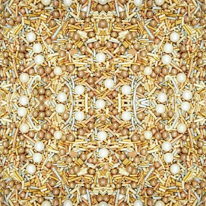 Confect Sprinkle Mix – Gold & White Pearl Sugar Strands for Baking, Cake Decoration & Cupcake Topping – Vegan, Gluten-Free, Nut-Free, Soy-Free, Dairy-Free, Palm Oil-Free – 4.2 Oz