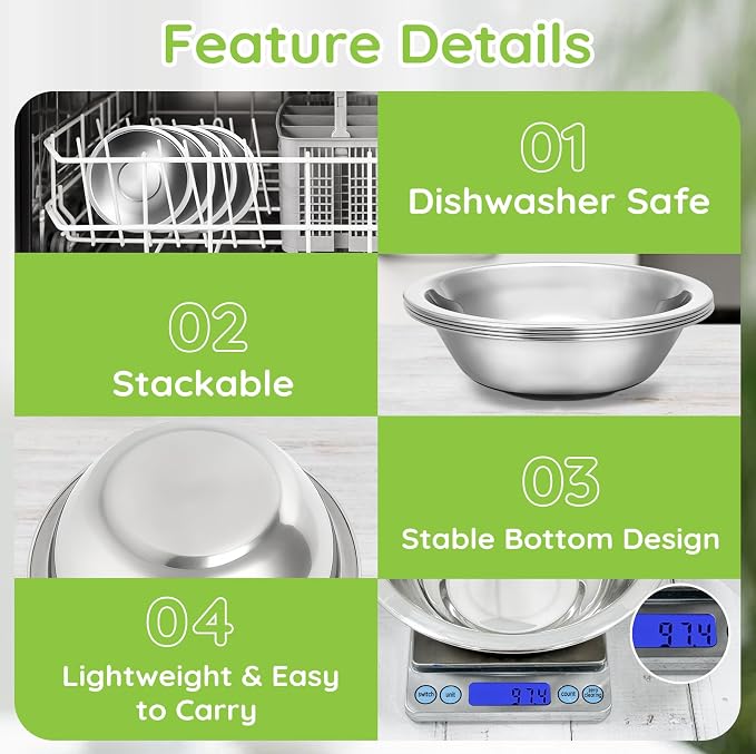 304(18/8) Stainless Steel Mixing Bowls for Kitchen, 10 Pack 7" 21.22 fl.oz Metal Mixing Bowls Set Stackable for Baking Serving Cooking Food Prep Storage Dishwasher Safe Lightweight