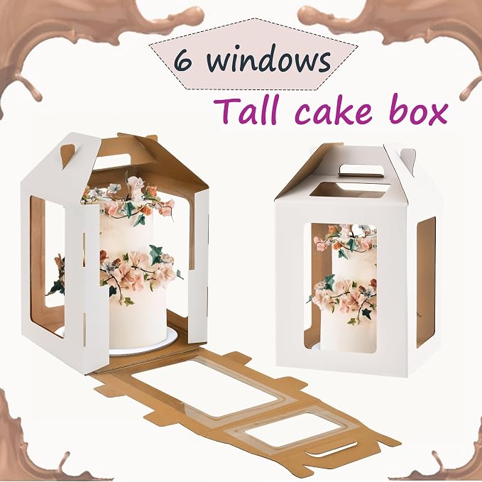 2 Pack Tall Cake Boxes for Tier Cakes,10x10x12 Inch Large Cake Box with windows,8in 10in White Bakery Box Disposable Layer Tall Cake Baking with Handle
