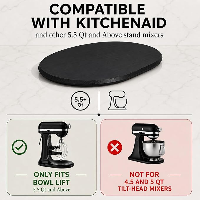 Ibyx Premium Bamboo Mixer Slider for KitchenAid 5-8 Qt Bowl Lift Stand Mixer - Food-Grade Appliance Slider Mat for Kitchen Countertop Storage Accessories (Black)