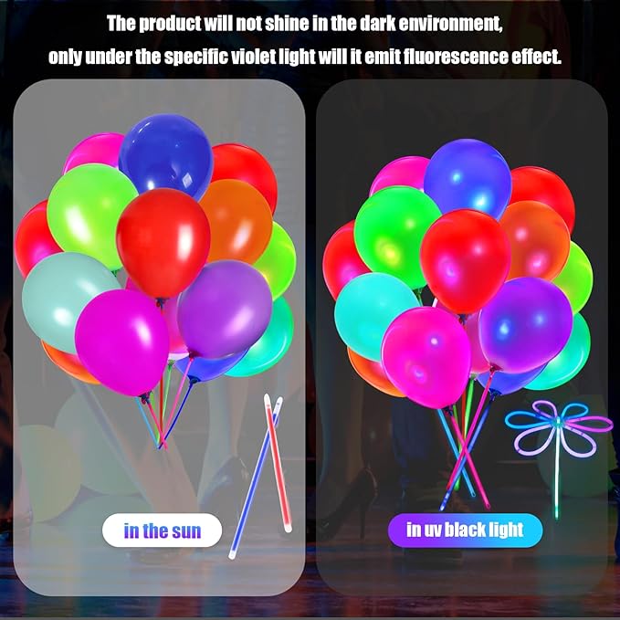 50 PCS UV Neon Balloons & 50 PCS Glow Sticks & 50 Pieces Balloon Stick Holders for Glow in the Dark Birthday Decoration Wedding Glow Party Supplies, Black Light Reactive Fluorescent Balloons (150)