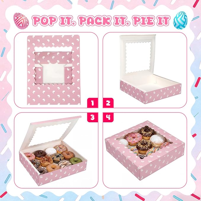 Affrolling 24 Pcs Pink Pie Boxes 10 x 10 x 2 Inch Auto-pop up Cookie Boxes with Window Polka Dot Bakery Treat Box Dessert Gift Wrapping for Pies, Cookie, Pastries, Donut, Chocolate Strawberries