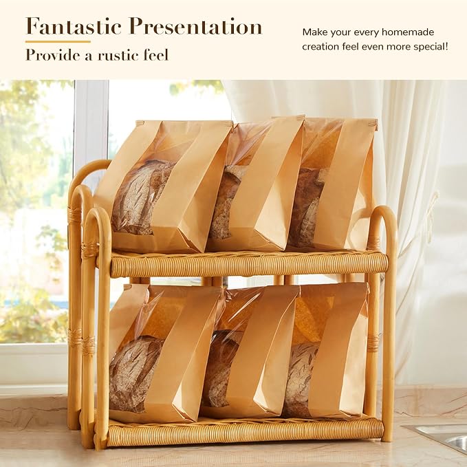 50 Pack Small Paper Bread Bags for Homemade Sourdough Bread, 7x3×11.5 Inches Resealable Tin Tie Tab Bakery Bags with Window for Half Loaves, Round Sourdough and Dozen Cookies