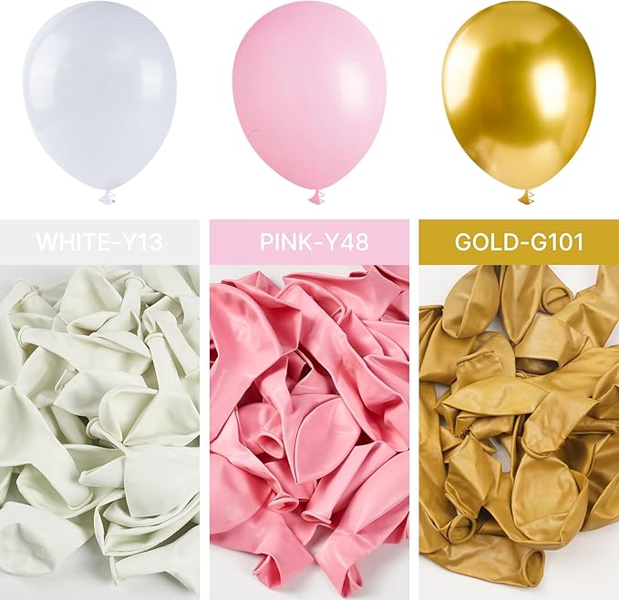 PartyWoo Pink and White Balloon Arch Kit Garland 140pcs Different Sizes of 18 12 10 5 Inch Light Pastel Baby Pink Metallic Gold Confetti White Balloons for Baby Shower Birthday Party Decorations