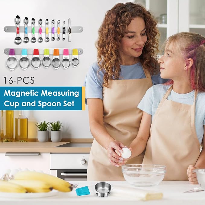 16PCS Magnetic Measuring Cups & Spoons Set,Heavy Duty 304 Stainless Steel，Double Measurement Easy to Read Markings with Leveler for Measure Dry or Liquid Ingredients ﻿