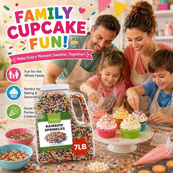 TOSS Rainbow Sprinkles Jimmies, 7 Pounds, Cake Decorating Topping for Baking and Ice Cream, Resealable Container
