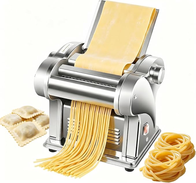 Electric Pasta Maker - 2 in 1 Pasta Sheet Roller & Cutter, 8 Thickness Settings, Stainless Steel Pasta Machine for Spaghetti, Fettuccine, Ravioli, Lasagna, Dough Sheeter