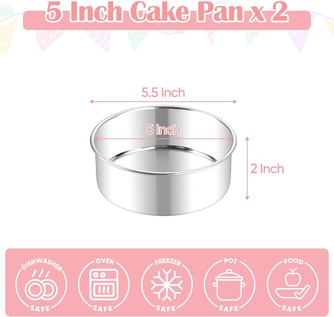 E-far Small Cake Pans Set of 2, 5 Inch Stainless Steel Mini Round Baking Pan Tins - Non-Toxic & Leak-Proof Cake Mold for Smash Birthday Layer Tiered Cheesecake, Easy Clean & Dishwasher Safe
