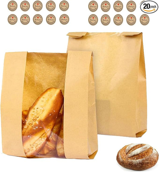 20 Pack Large Sourdough Bread Bags for Homemade Bread Gifting Bakery Bags with Window Loaves Paper Bread Bags for Baked Food Packaging Storage with Seal Stickers (11.8x8.2x3.5inch)