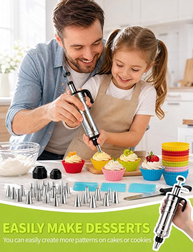 Dessert Decorating Syringe Set, Stainless Steel Cake Decorating Kit with Icing Piping Bags and Tips Set, Reusable Frosting Piping Kit for Cupcake, Cookie and Pastry Baking Supplies