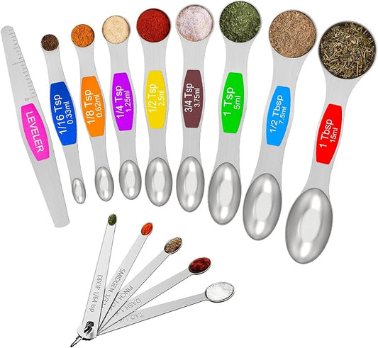 Wildone Stainless Steel Magnetic Measuring Spoons with Strong Magnets, 14pc | Including 8 Double Sided Magnetic Measuring Spoons, Leveler and 5 Mini Spoons for Spice Jar and Liquid Measuring, Multicolor
