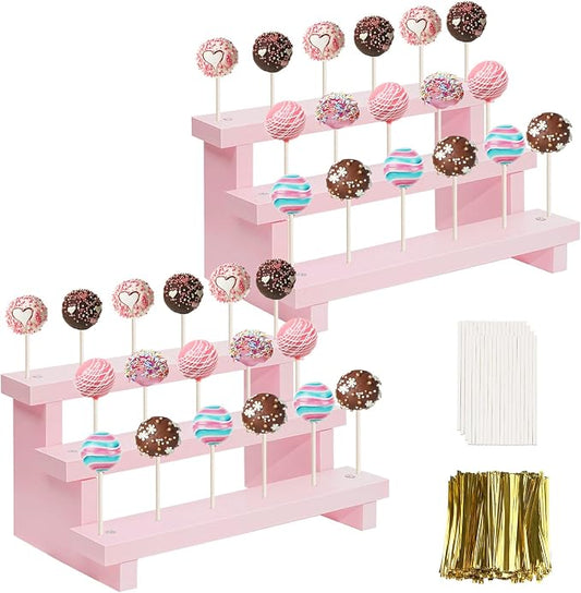 Wood Cake Pop Stands, 3 Tier Lollipop Holders with Twist Ties Lollipop Sticks, Sucker Display Riser for Dessert Table of Wedding Birthday Party (Pink-2P-17 Hole)