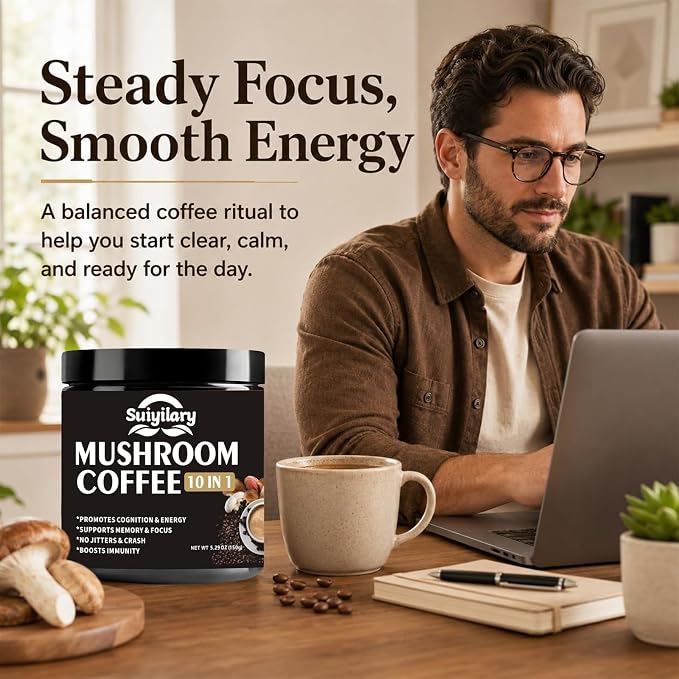 Suiyilary Mushroom Coffee, 10 Mushroom Extract Powder Blend Lion's Mane, Reishi, Chaga, Cordyceps, Turkey Tail, Brain Supplements with Instant Coffee for Energy, Focus, Memory and Immunity 150g
