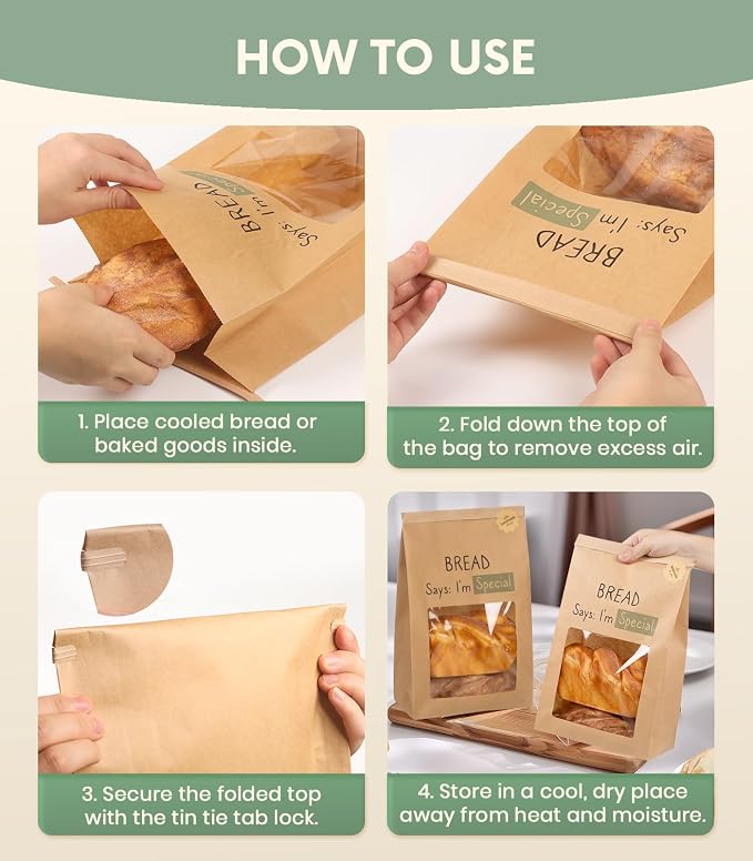 100 Pack Resealable Sourdough Bread Bags with Tabs for Gifting Round Loaf | Bulk Kraft Paper Homemade Sour Dough Gift Giving Bag with Window | Large Brown Bakery Baked Goods Packaging 13.6x8.3x4.1in