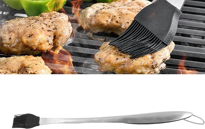 Stainless Steel Basting Brush with Silicone Head | Heat Insulation Long Handle for BBQ/Baking/Pastry | Food Grade Oil Brush for Sauce & Marinade | Multipurpose Kitchen Tool