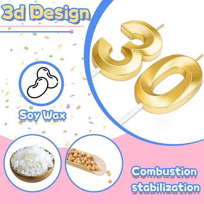 30th Birthday Candles for Cake,Gold Number Candles for Happy Birthday Cake Toppers,Birthday Decorations for Her Him Party Anniversary Wedding