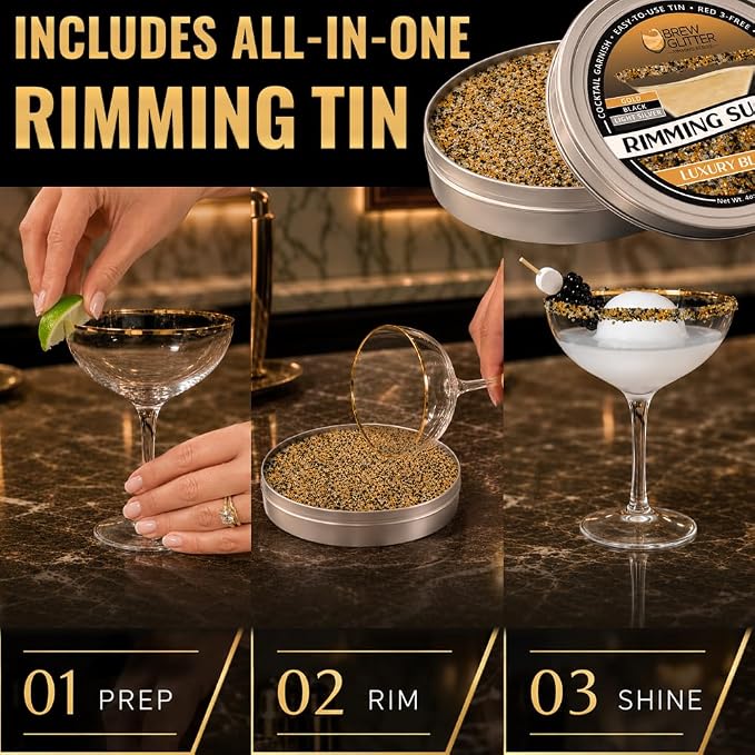 Brew Glitter Rimming Sugar Luxury Blend (Gold, Light Silver & Black) 4oz, 1x Bar Tin Cocktail Garnish for Mixed Drinks & Refreshments