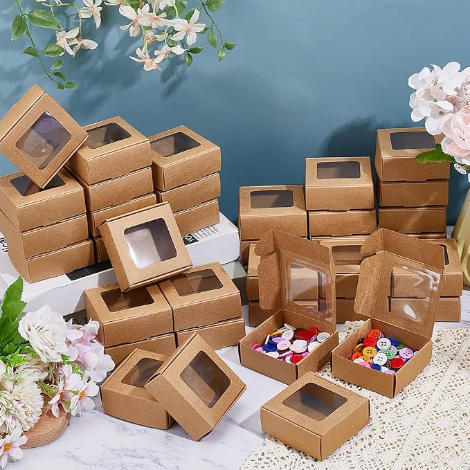 BENECREAT 60 Pack Square Clear Window Box, Brown Kraft Paper Container Party Favor Packaging Boxes, 3x3x1.2inch Foldable Design with Visible PVC Window for Wedding Treats & Crafts