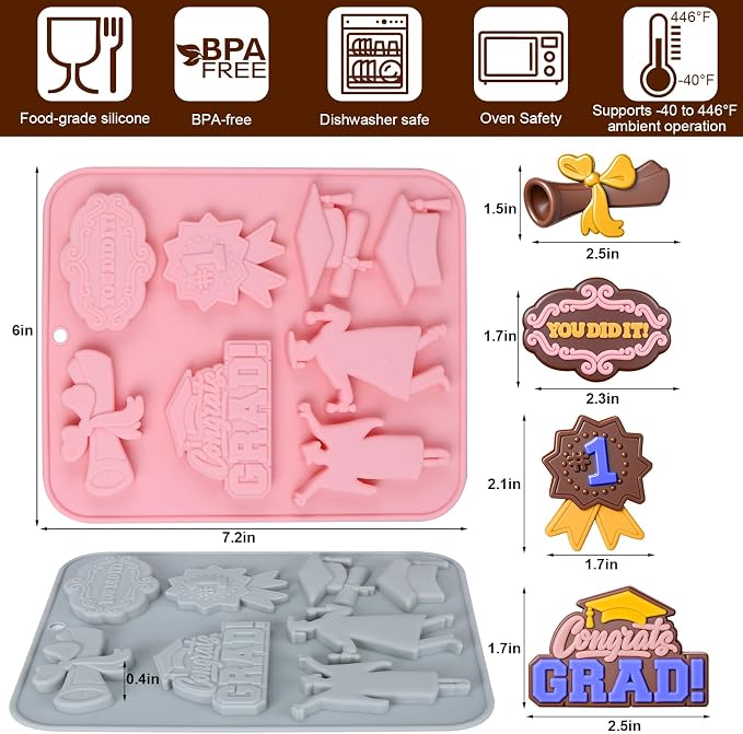 Palksky Graduation Silicone Molds, Grad Chocolate Candy Mold with Cap Diploma Congrats Scroll 3D Shape for Baking Chocolate Gummy Cookies Fondant Cupcake Cake Decor, Graduation Party Decoration