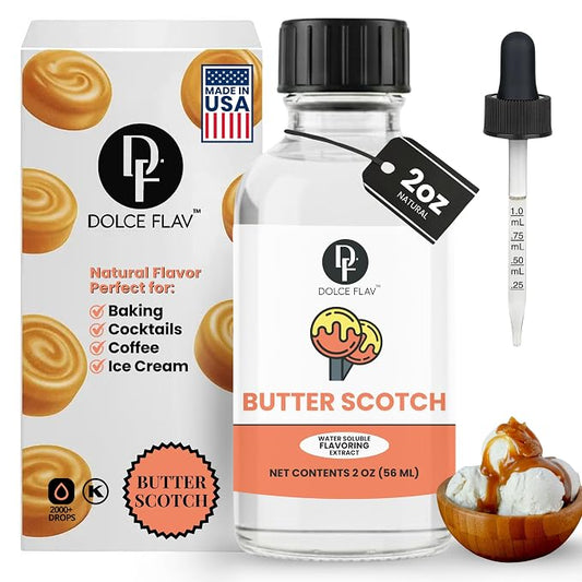Dolce Flav Natural Butterscotch Extract 2 oz – Kosher, Sugar-Free, Concentrated Rich Butterscotch Flavoring for Baking, Beverages & Desserts, Includes Measured Dropper
