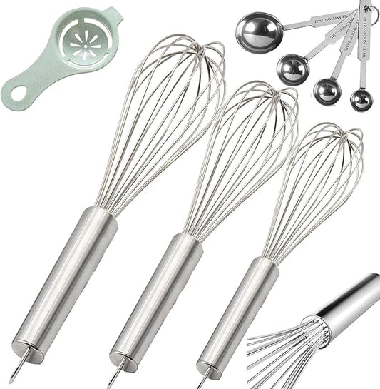 Stainless Steel Whisk, Whisk Set with Measuring Spoon and 8"+10"+12" Wire Whisk for Cooking Blending, Beating, Stirring, Baking (5 Pack Silver)