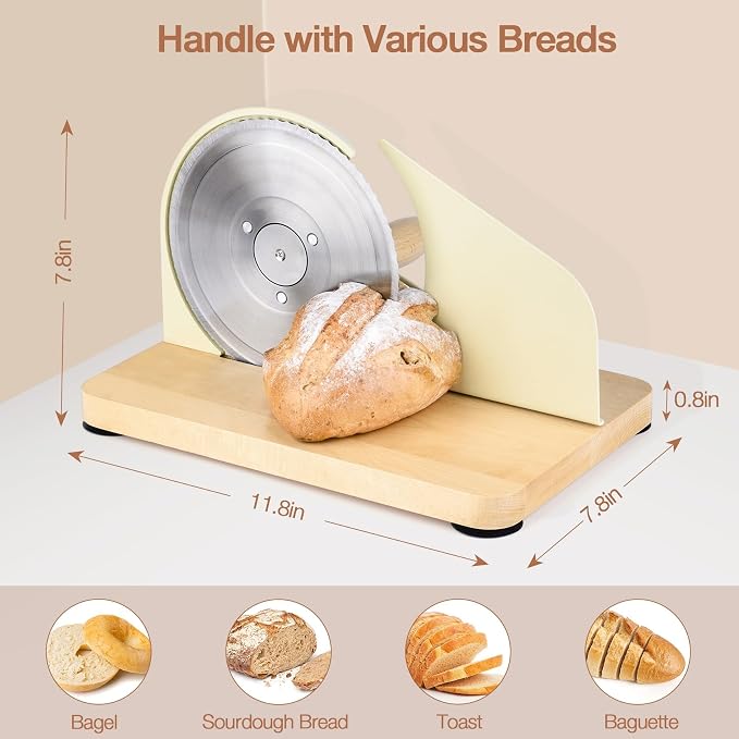 Manual Bread Slicer for Homemade Sourdough Bread, Hand Crank Bread Slicer with Scale Line, Metal Guide & Adjustable Thickness Bread Loaf Slicer, Sharp Blade Bread Cutter for Sourdough Bread (Cream)
