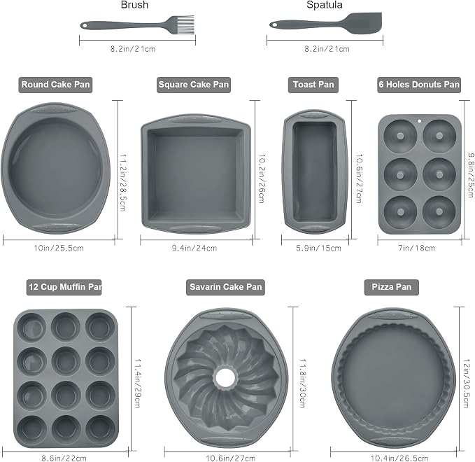 Aschef 9 in 1 Nonstick Silicone Baking Set - Ring Cake Pan, Cookie Sheet, Molds & Tray | Heat Resistant Bakeware Kit for Muffin, Loaf, Bread, Pizza, Cupcake