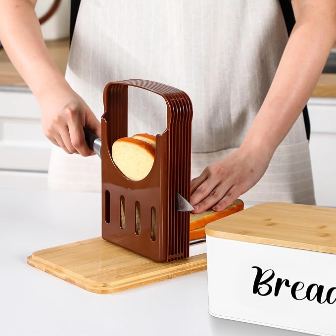 Teenyyou 2 Pcs Extra Large Bread Box with Slicer, Metal Farmhouse Bread Storage Container with Bamboo Cutting Board Lids Multi-size Breadbox Set for Kitchen Countertop (White)