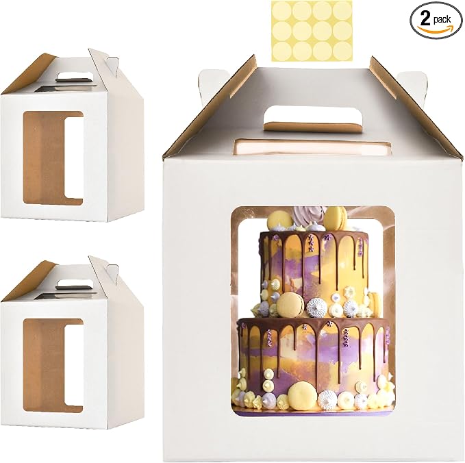 2 Pack Tall Cake Boxes for Tier Cakes,12 x12x12 Inches Large Tiered Cake Carriers with Windows,10in 12in Disposable Layer Tall Baking boxes with Handle,Durable Large cake box