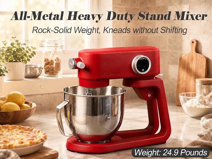 All Metal Stand Mixer DC Motor - Heavy Duty Dough Mixer 5.3 Quart with 4 Stainless Steel Attachments, Quiet Operation with Timer, Verstile Standing Mixer with Power Hub, 8-Speed (Red)