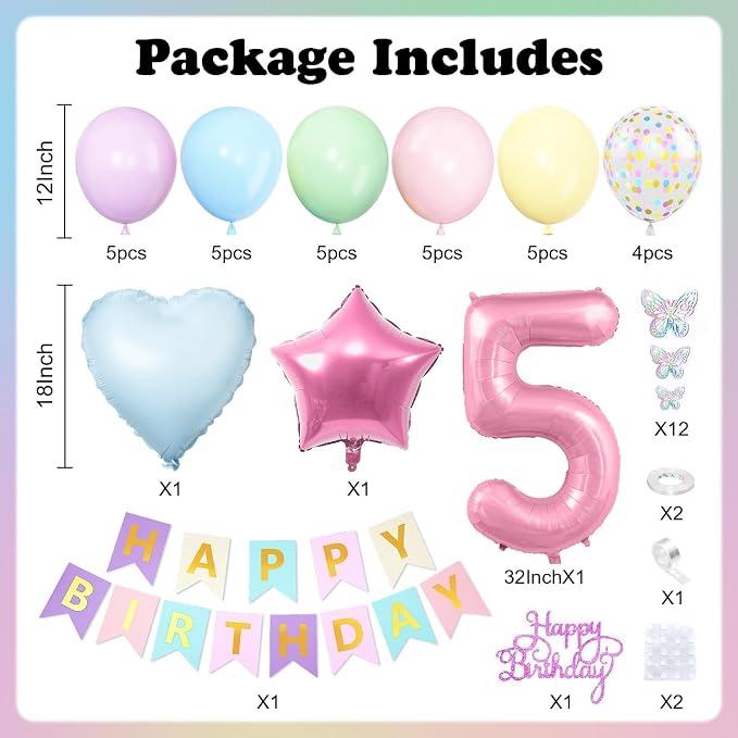 5th Pastel Birthday Party Decorations for Girls Number 5 Balloon Happy Birthday Banner Butterfly Stickers Star Heart Foil Balloons for 5 Year Old Easter Party Decor