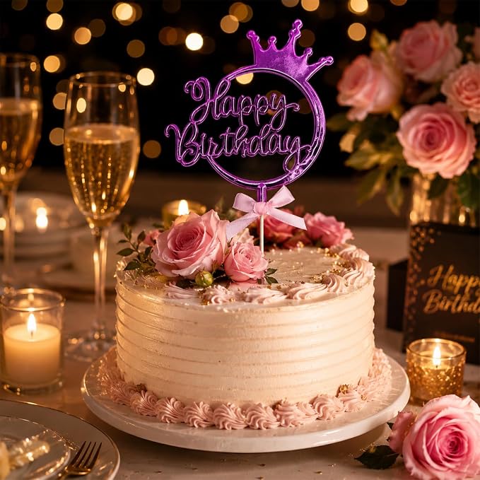 Purple Acrylic Happy Birthday Cake Topper with Crown and Bow | Glossy Pueple acrylic script with crown and bow adds an elegant finishing touch to birthday cakes and celebration desserts.