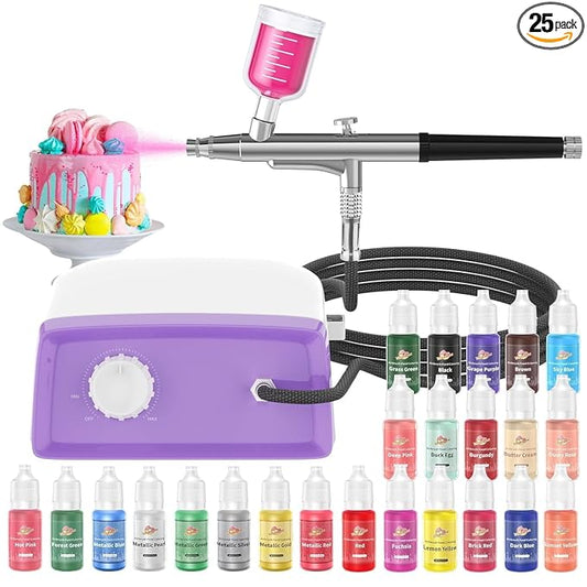 Cake Decorating Kit with 24 Food Coloring, 2026 Upgraded Cookie Decorating Kit with Suction Cups, Dual Action Stepless Speed Airbrush Decorating Kit with Compressor, Food Airbrush Set for Cake, Dessert