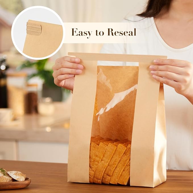 50 Pack Paper Bread Bags for Sourdough, Large Bread Bags with Tabs for Homemade Bread Round Sourdough Loaf Bags for Gifting (8.3x3.5×13 Inches) | Grease Resistant